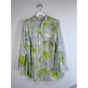 Calvin Klein Womens Floral Button-Up Shirt Blouse Size 1X Gray Lime Green New